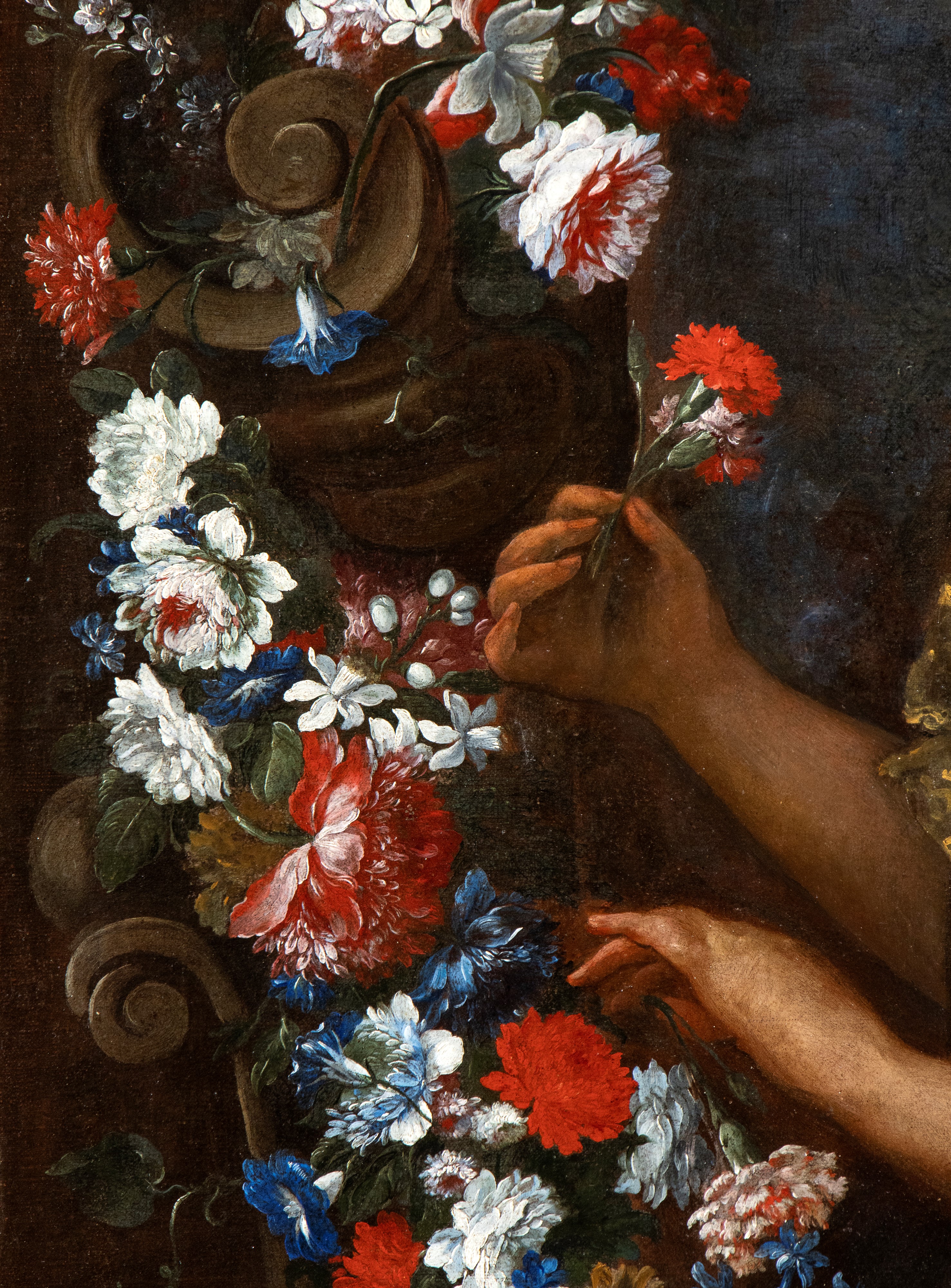 Ritratto di dama con garofano entro ghirlanda di fiori