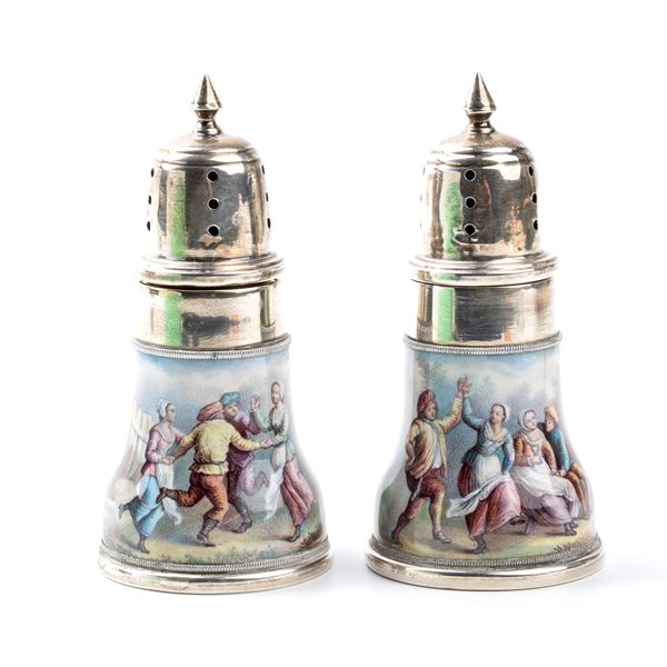 Pair of Italian silver and enamel salt shakers