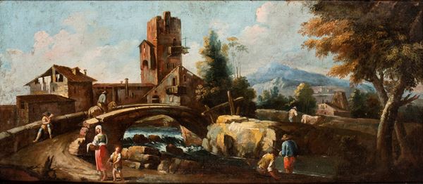 Artista veneto, XVIII secolo - Landscape with bridge, figures and tower