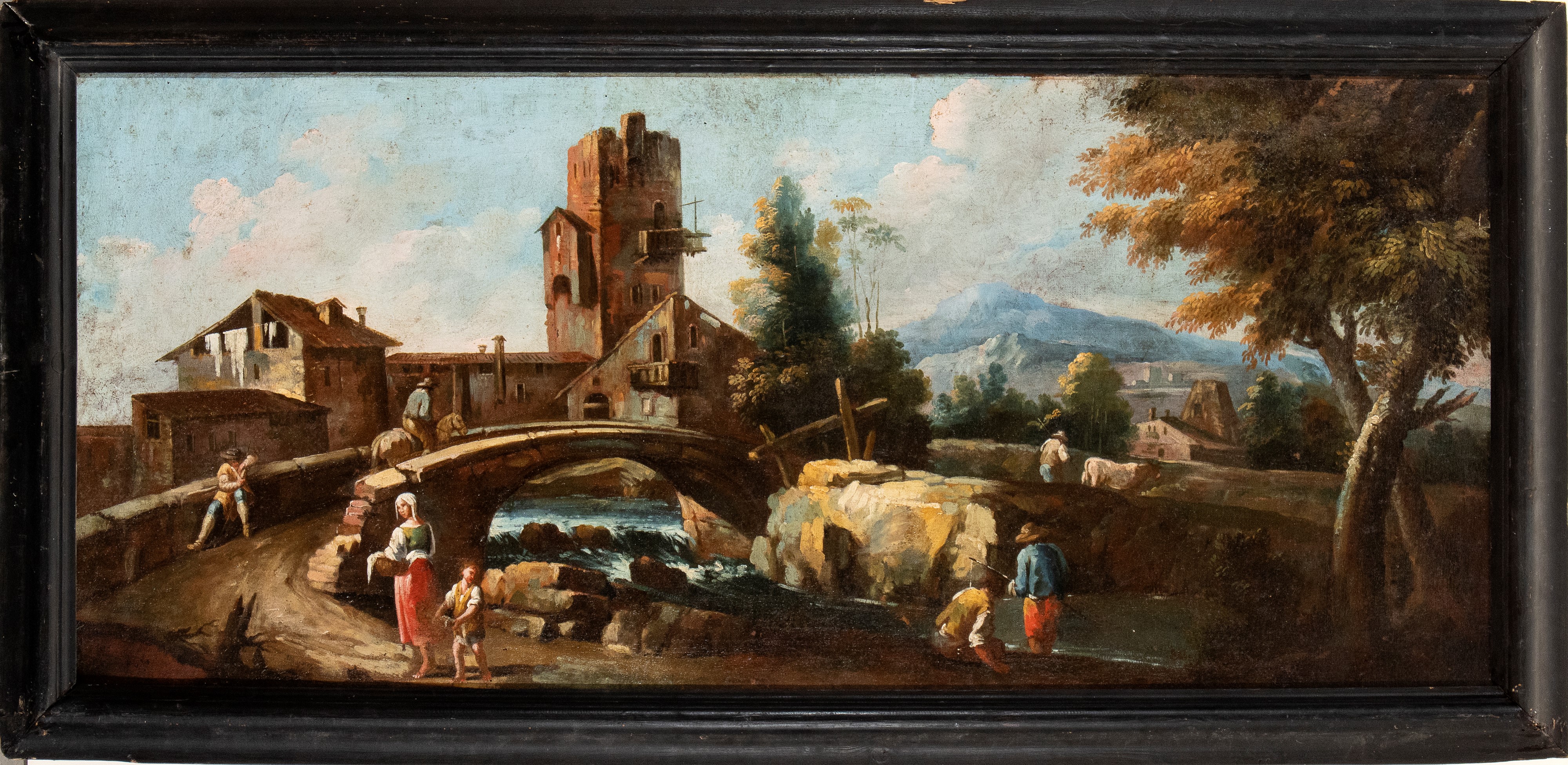 Artista Veneto, XVIII Secolo - Paesaggio con Ponte, Figure e Torre