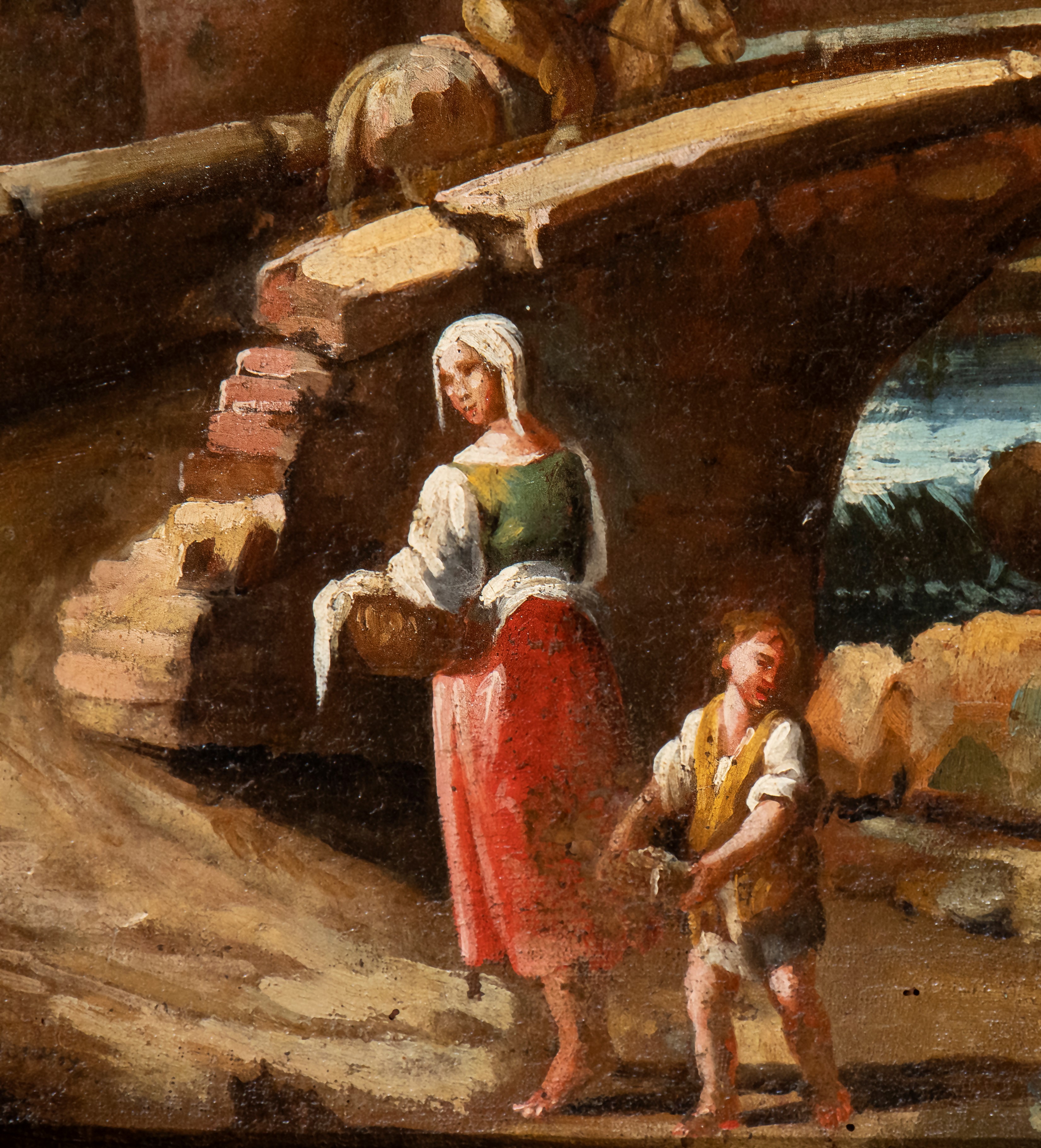Artista Veneto, XVIII Secolo - Paesaggio con Ponte, Figure e Torre