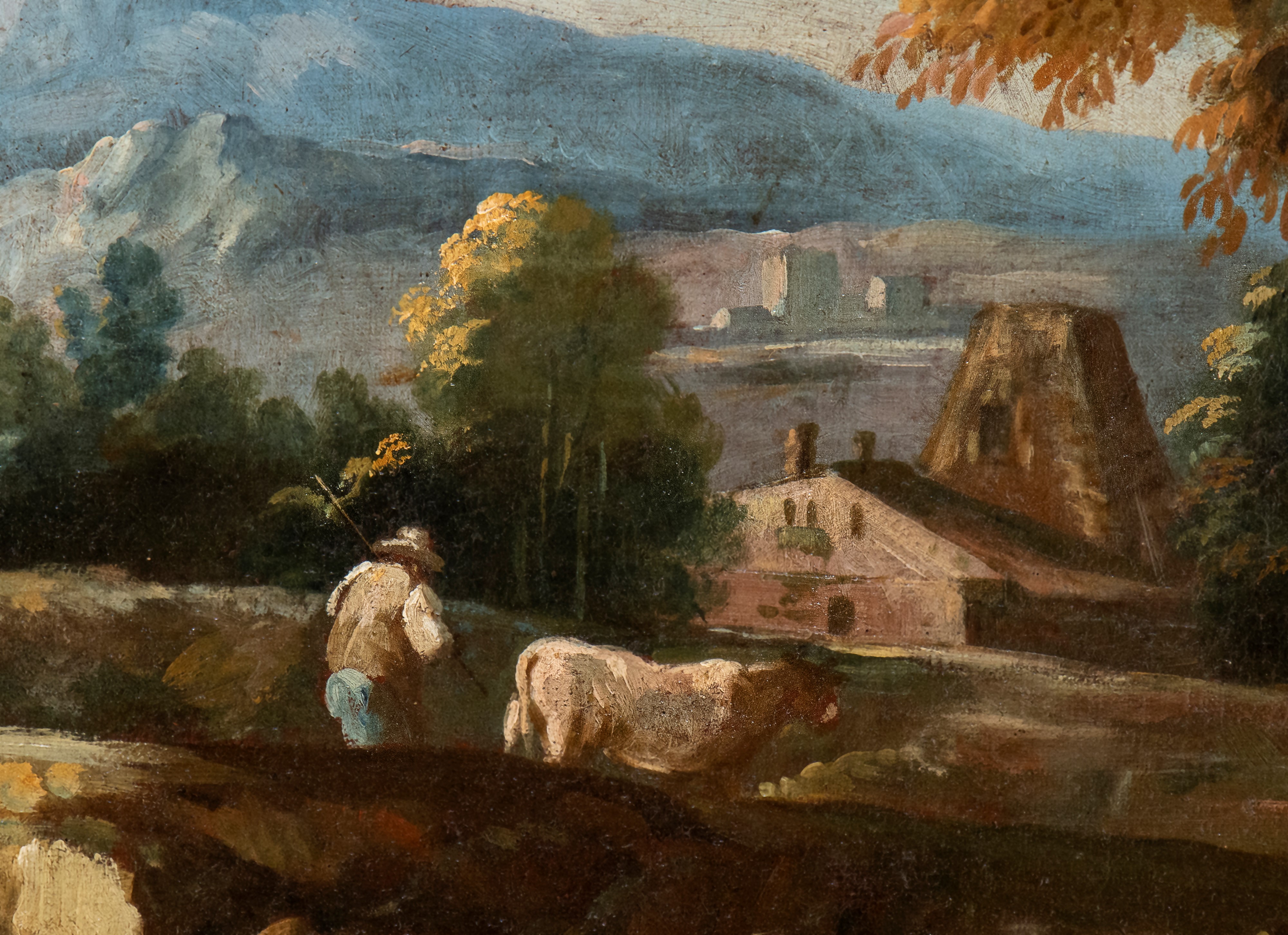 Artista Veneto, XVIII Secolo - Paesaggio con Ponte, Figure e Torre