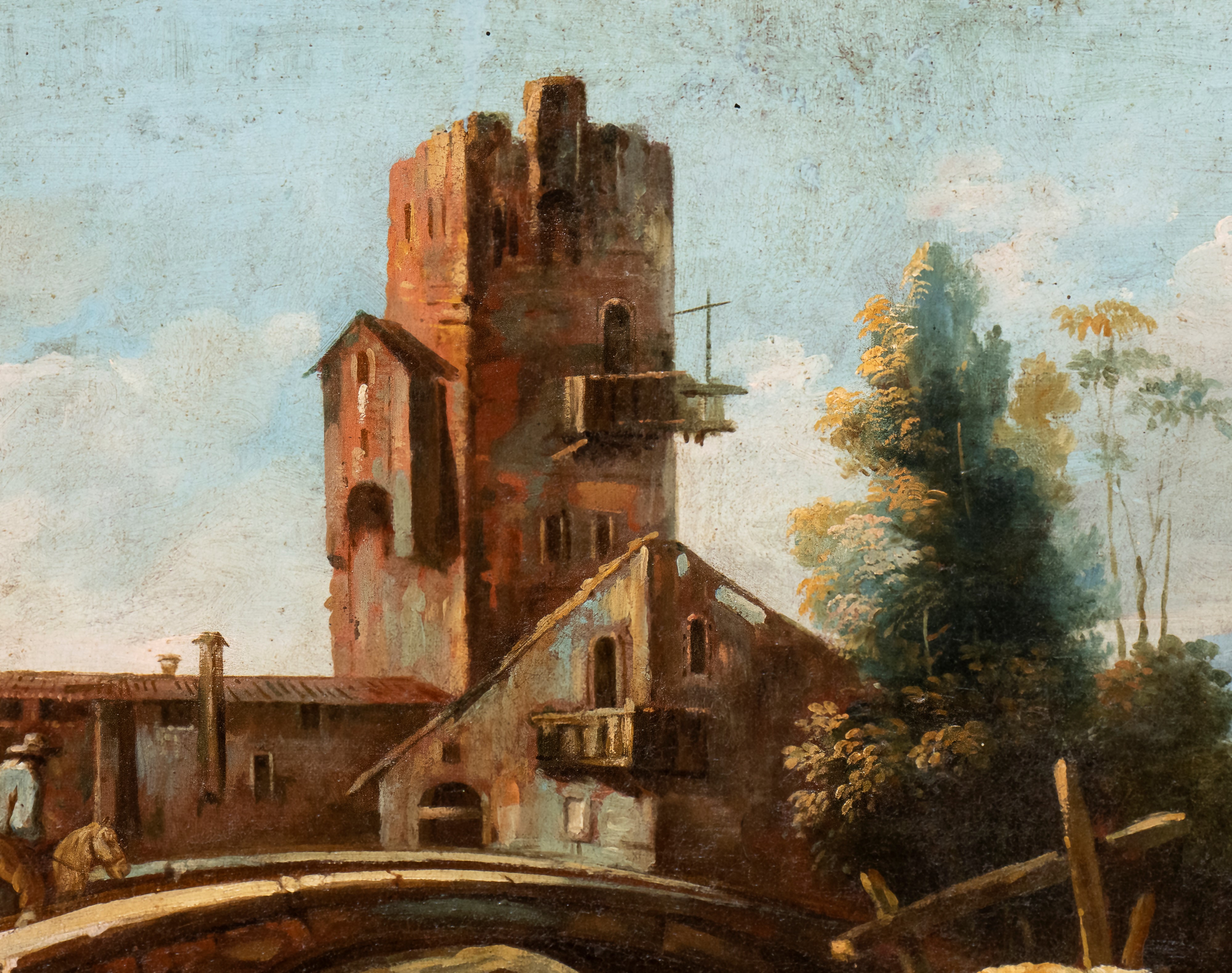 Artista Veneto, XVIII Secolo - Paesaggio con Ponte, Figure e Torre
