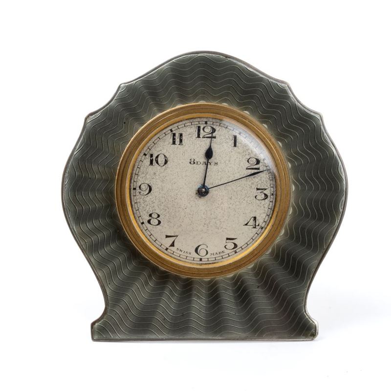 Orologio da Tavolo Art Déco in Argento e Smalti