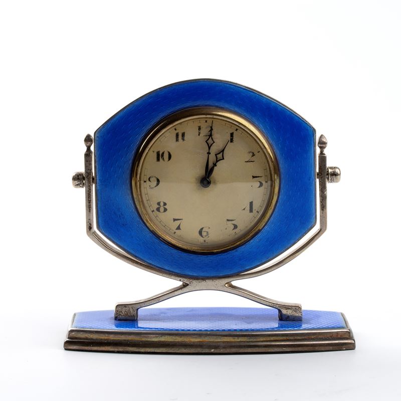 Orologio da Tavolo Art Déco in Argento e Smalti