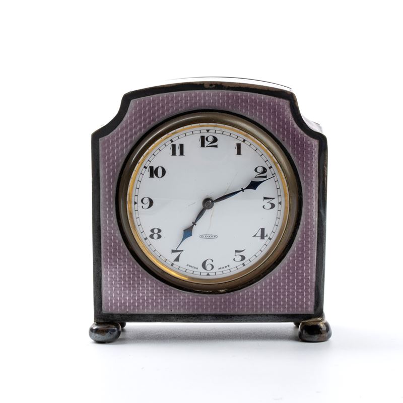Orologio da Tavolo Art Déco in Argento e Smalti
