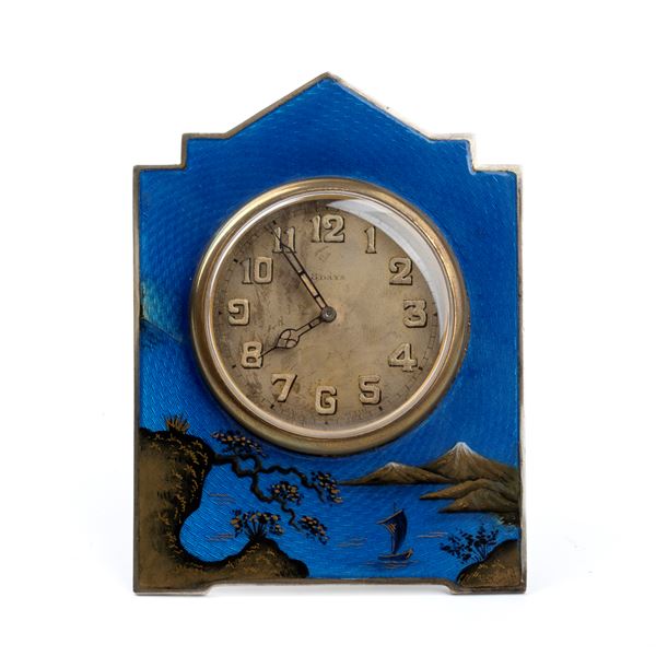 Hardy Brothers - Art Déco sterling silver and enamel table clock