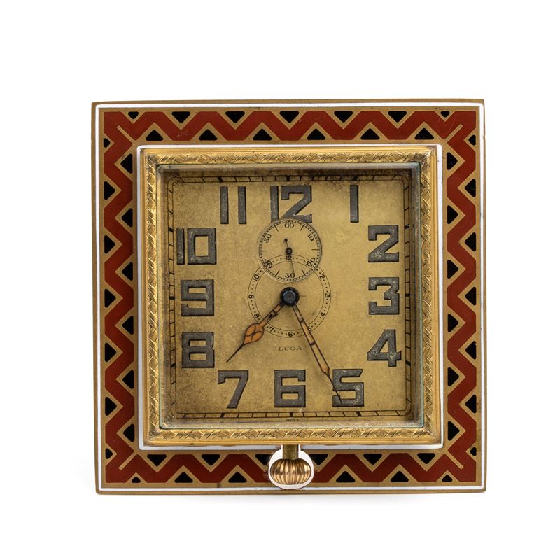 Luga - Orologio Sveglia da Tavolo Art Déco in Metallo Dorato e Smalti Policromi