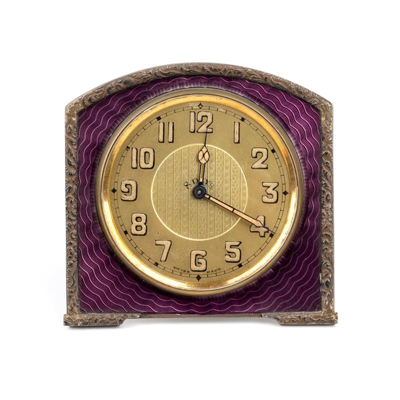 Orologio da Tavolo Art Déco in Metallo Dorato e Smalti