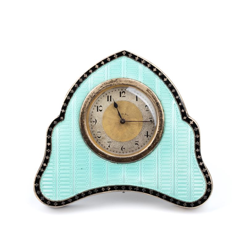 Orologio da Tavolo Art Déco in Argento e Smalti