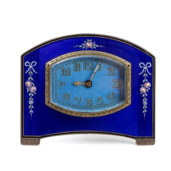 Art Déco silver and enamels table clock