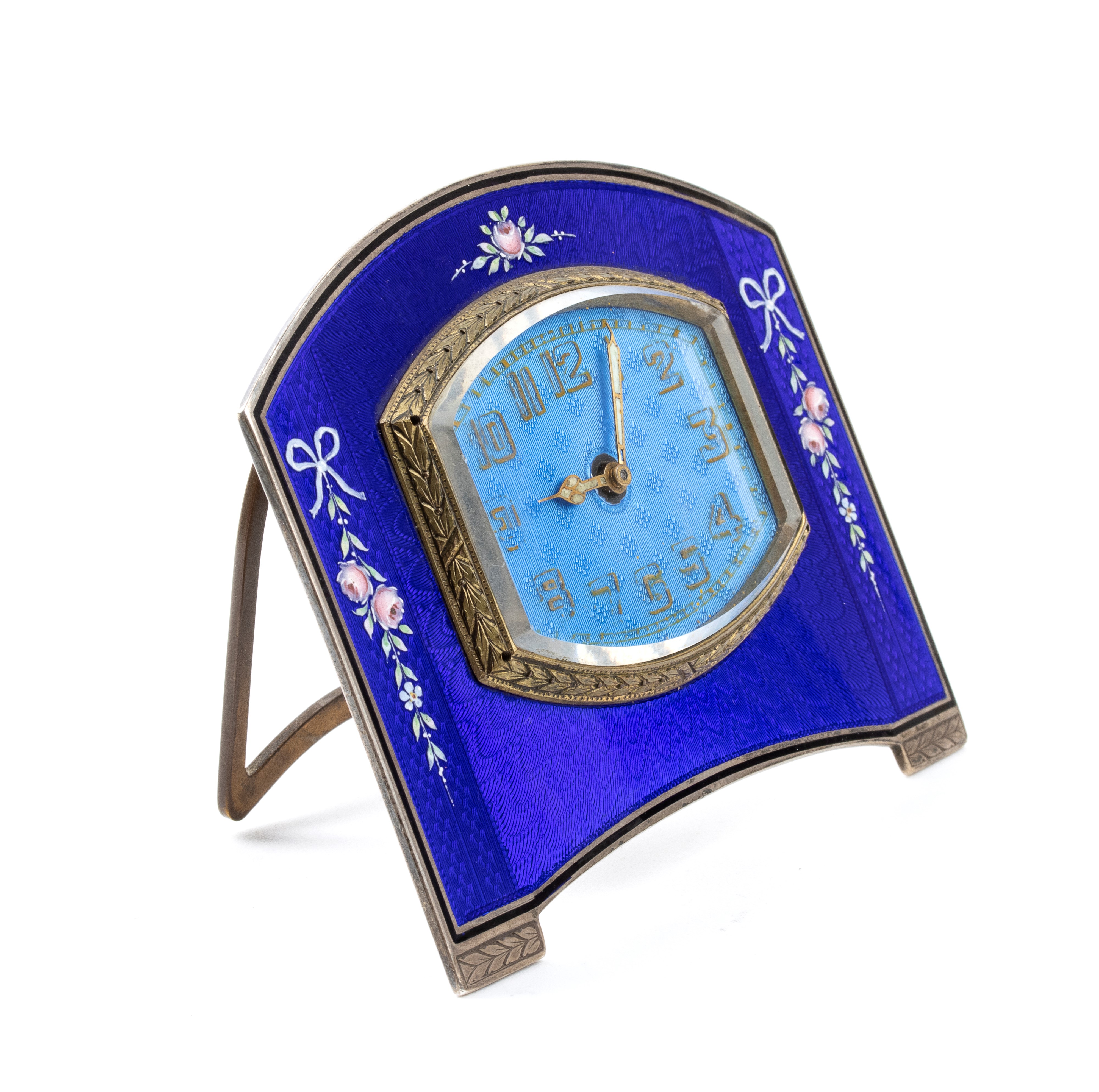 Orologio da Tavolo Art Déco in Argento e Smalti