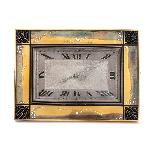 Art Déco silver and enamels table clock