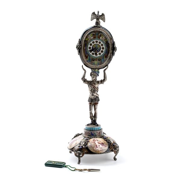 Art Déco silver and enamels table clock