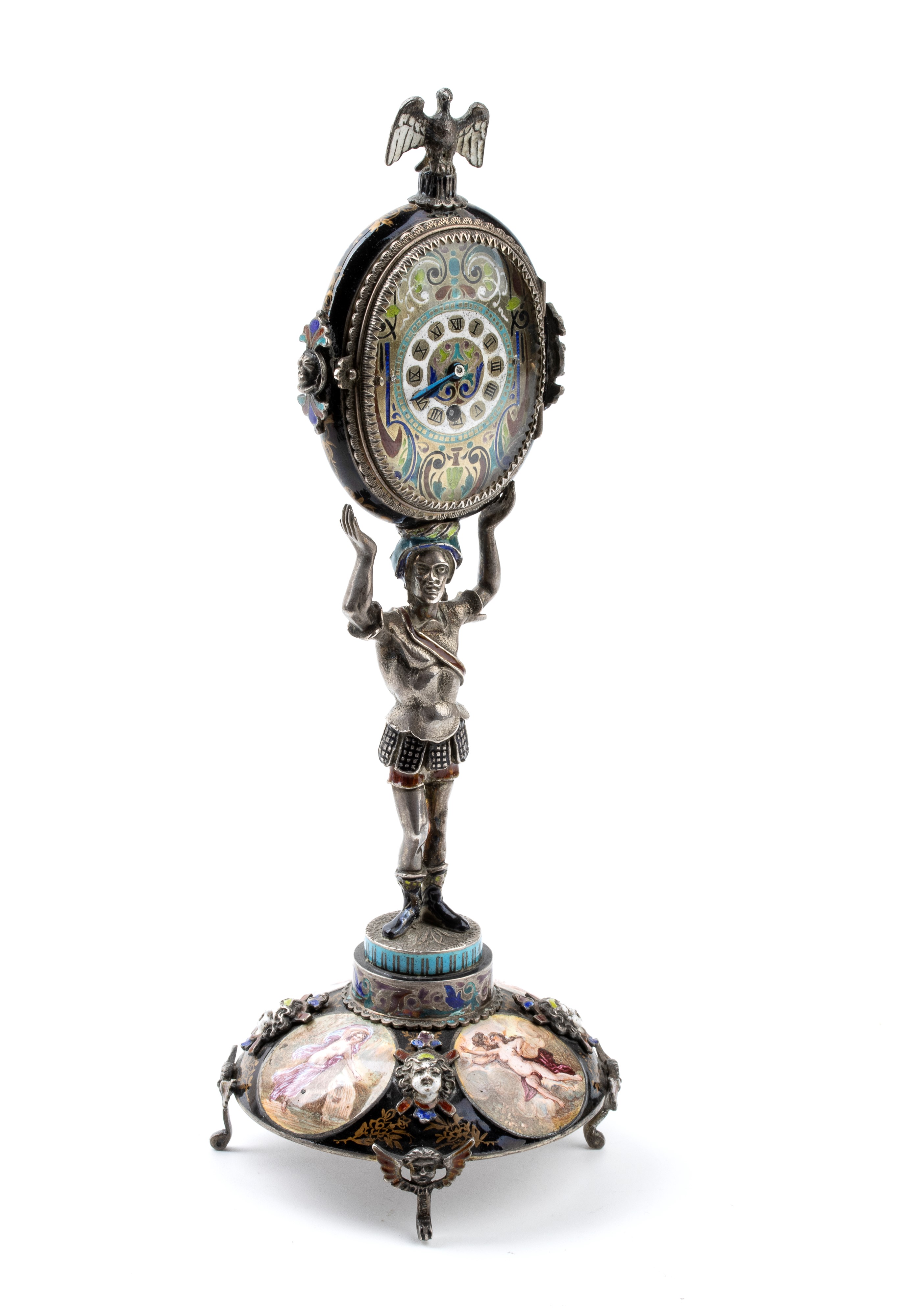 Orologio da tavolo in argento e smalti