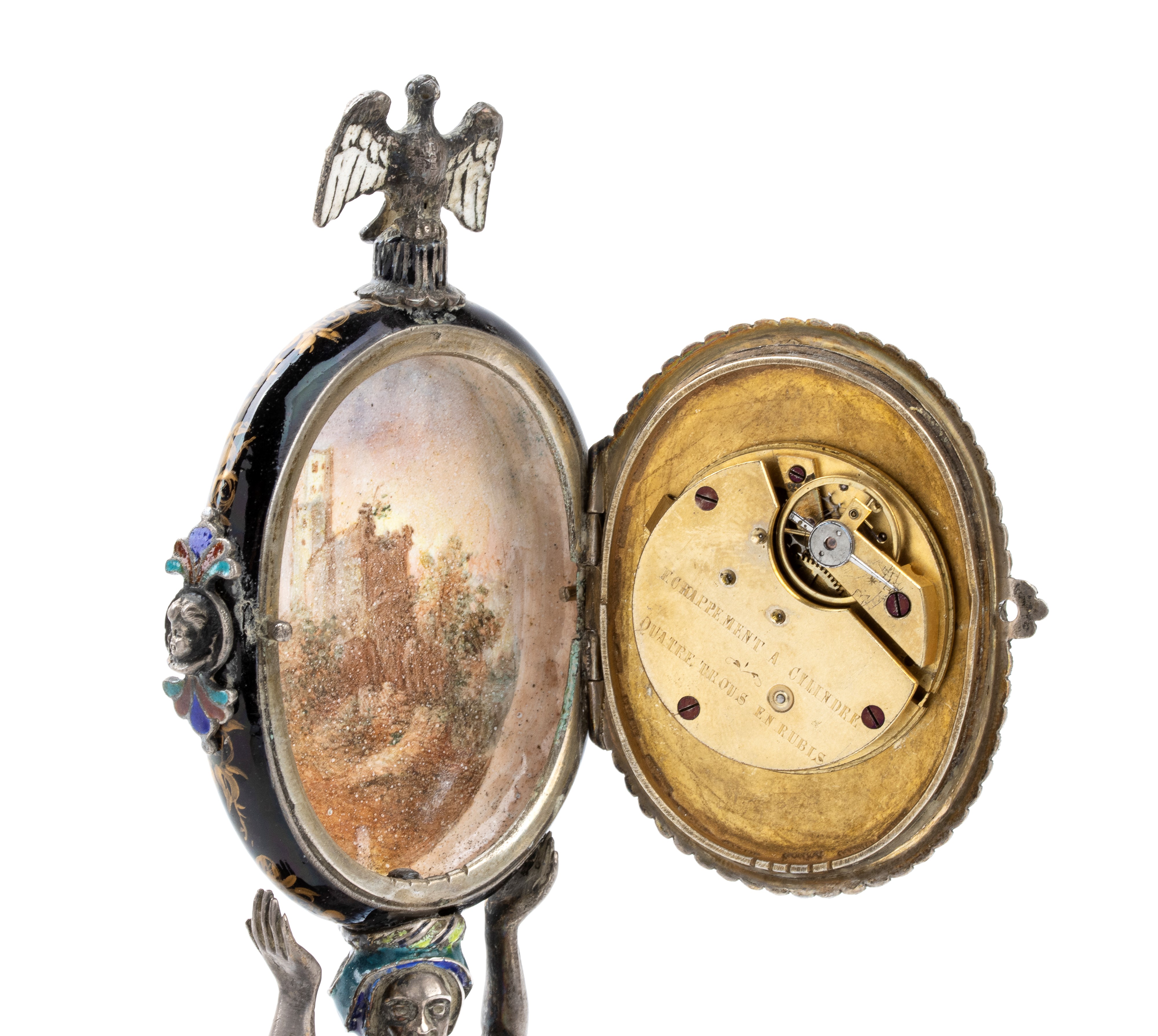 Orologio da tavolo in argento e smalti