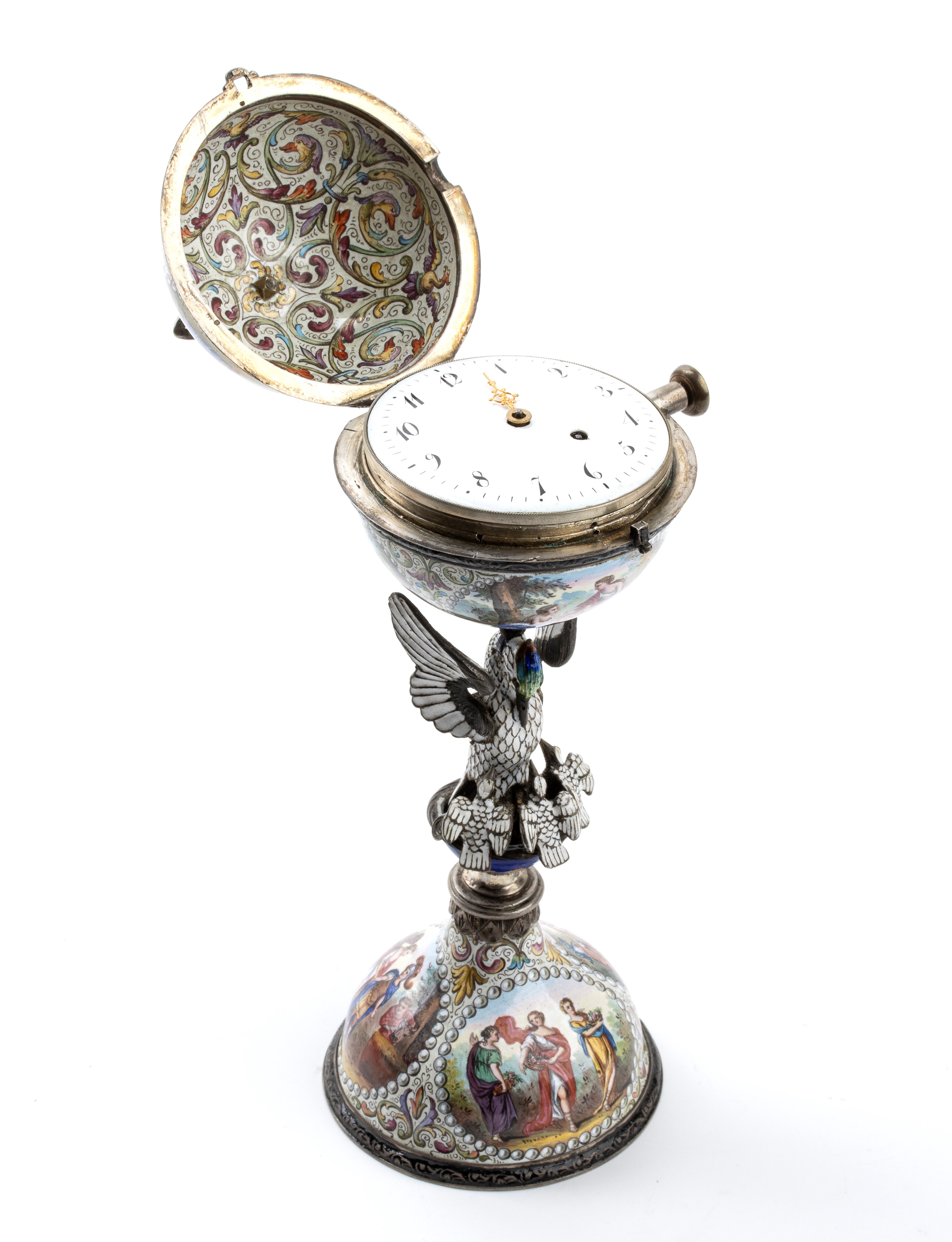 Orologio da tavolo con ripetizione in argento e smalti