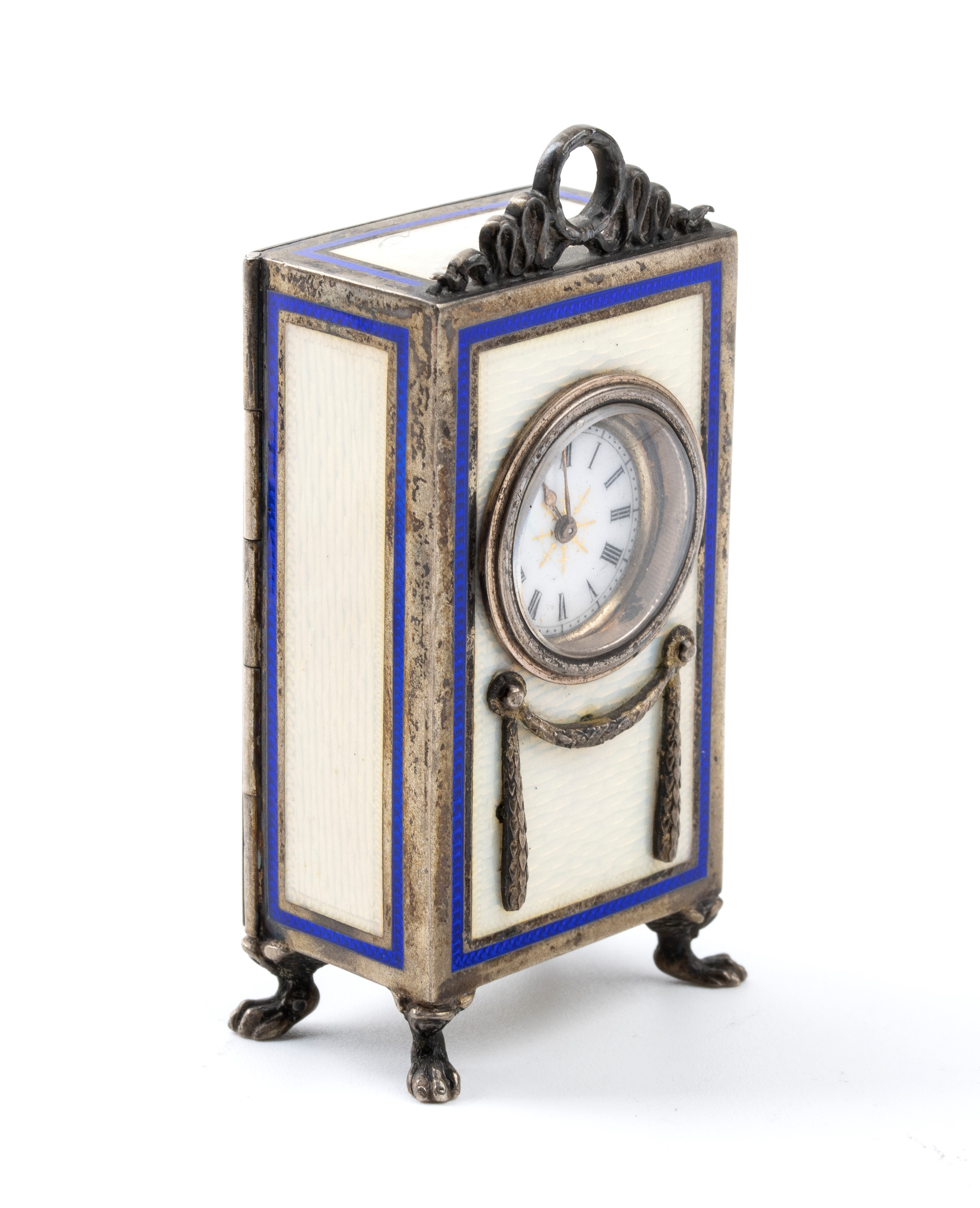 Orologio da Tavolo Art Déco in Argento e Smalti