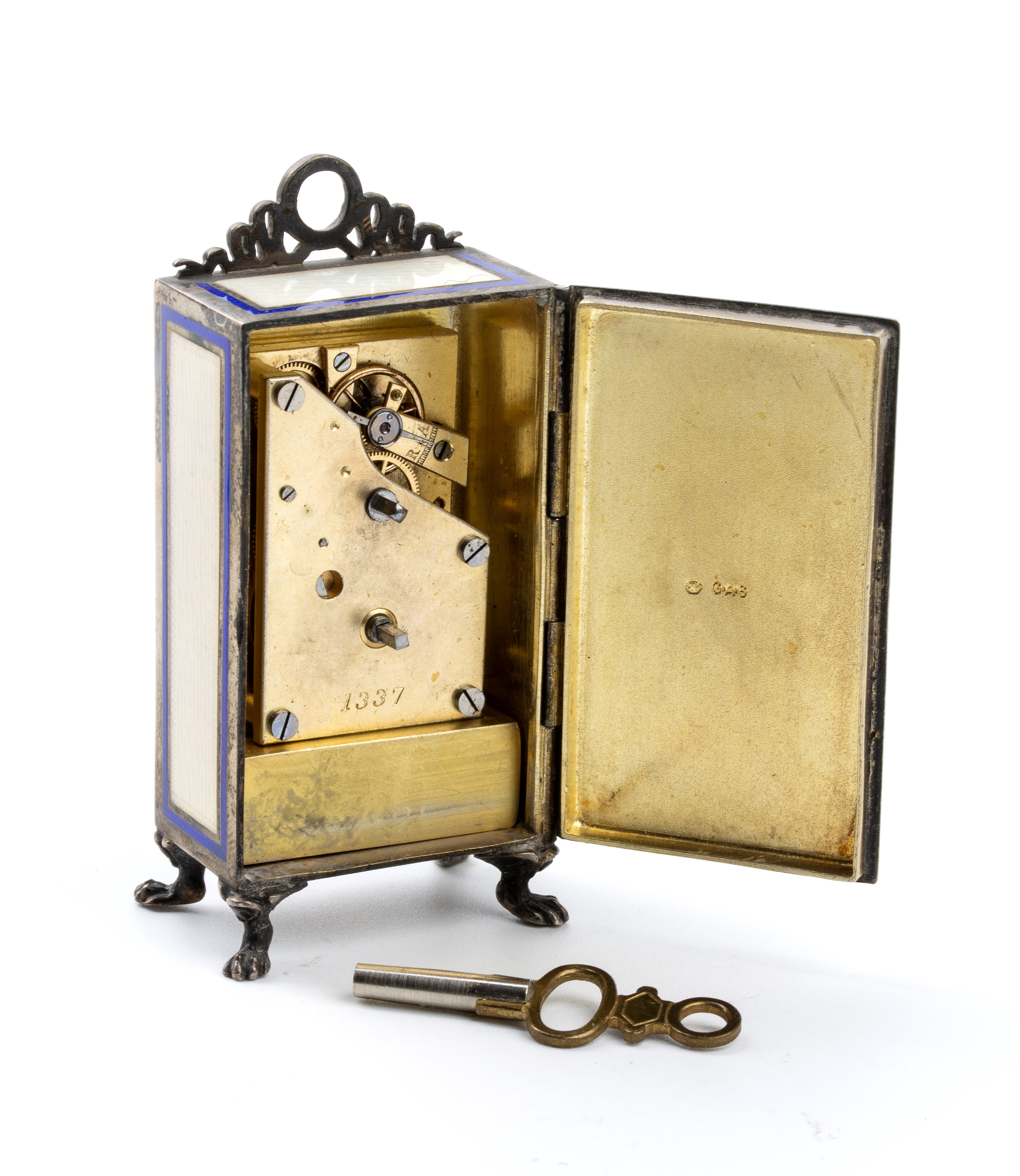 Orologio da Tavolo Art Déco in Argento e Smalti