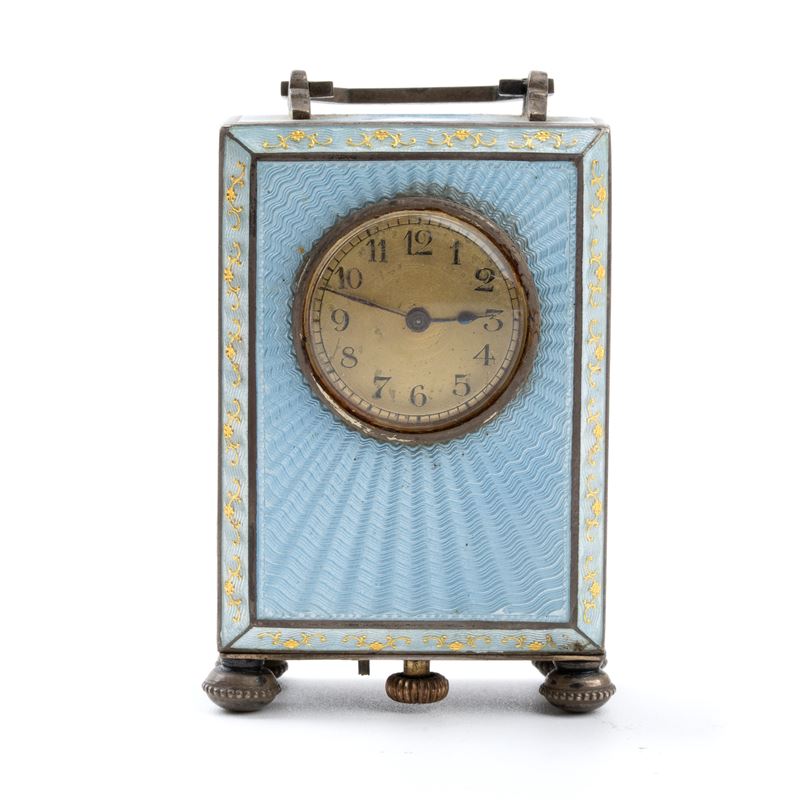 Orologio da Tavolo Art Déco in Argento e Smalti