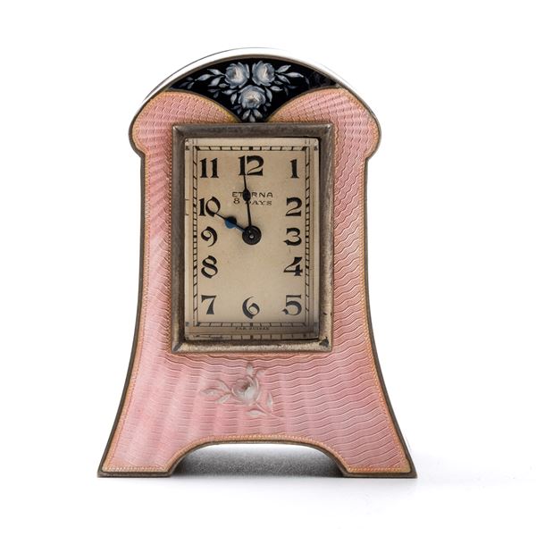 Eterna Watch Co - Art Déco silver and enamels table clock