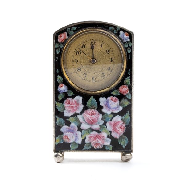 Art Déco silver and enamels table clock