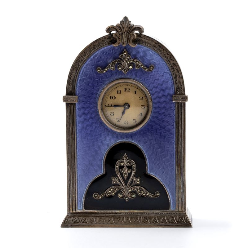 Orologio da Tavolo Art Déco in Argento e Smalti