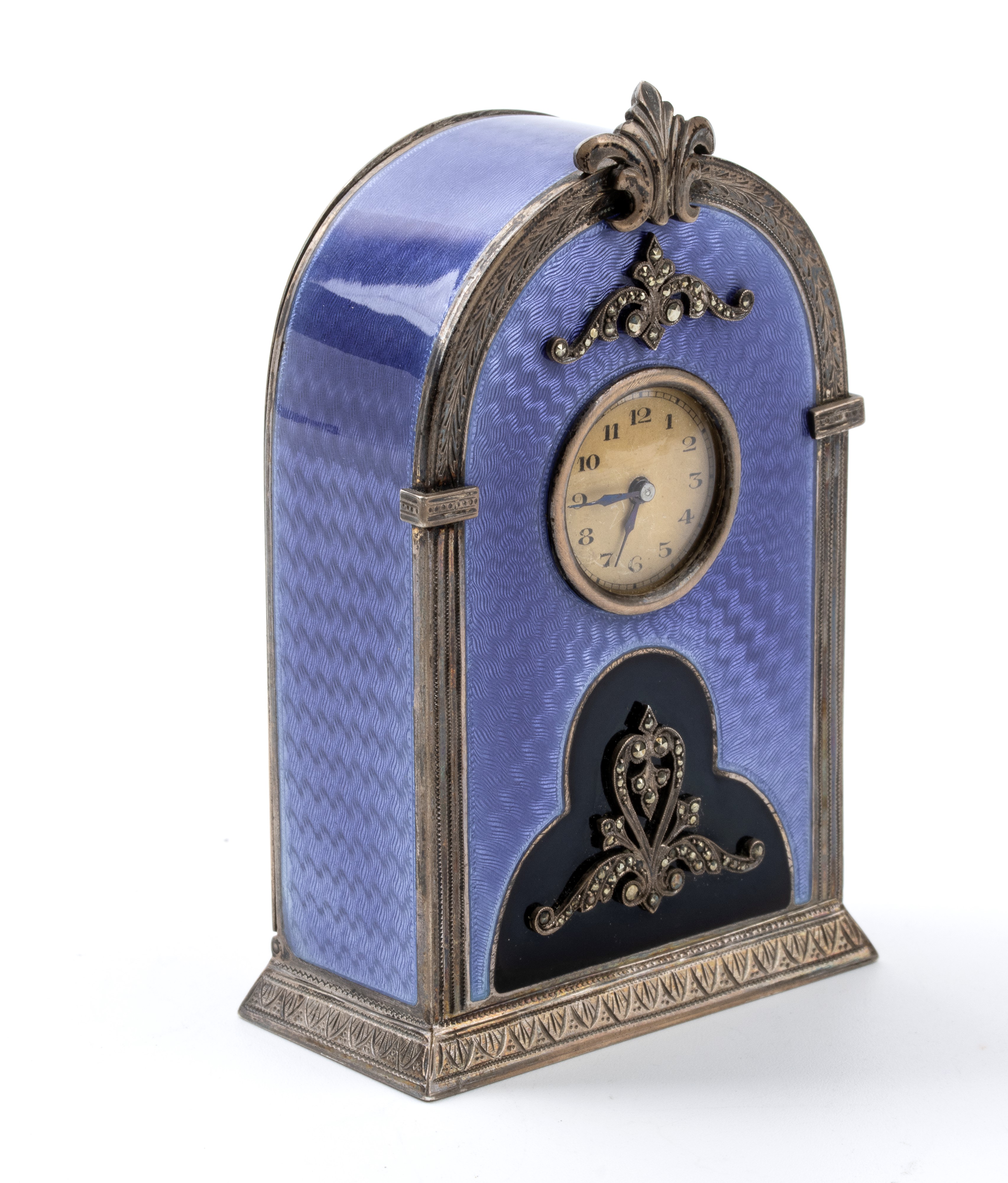 Orologio da Tavolo Art Déco in Argento e Smalti