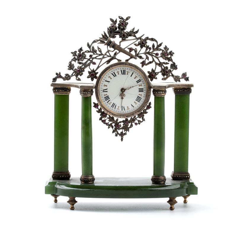 Orologio da Tavolo Art Déco in Argento e Smalti