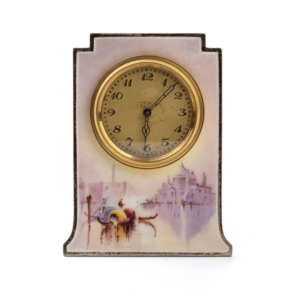 F B Reynolds - Art Déco sterling silver and enamels table clock