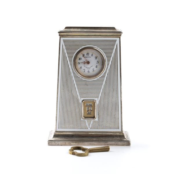 Maquet a Paris - Art Déco silver and enamels table clock with calendar