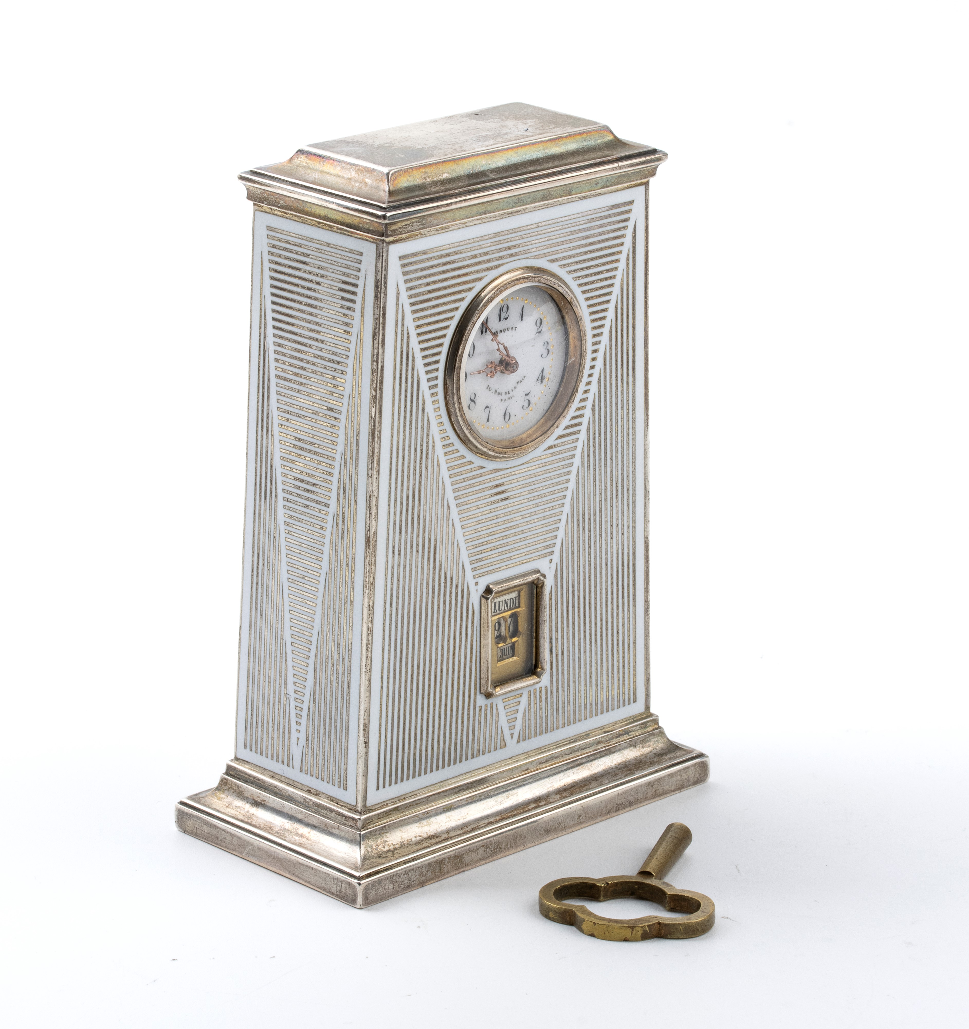 Orologio da tavolo Art Déco in argento e smalti con calendario