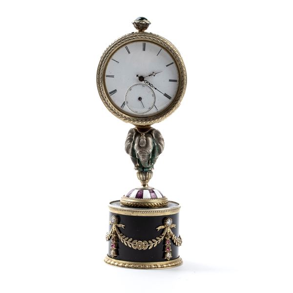 FABERG&#201; CARL - Gilded silver and enamels table clock