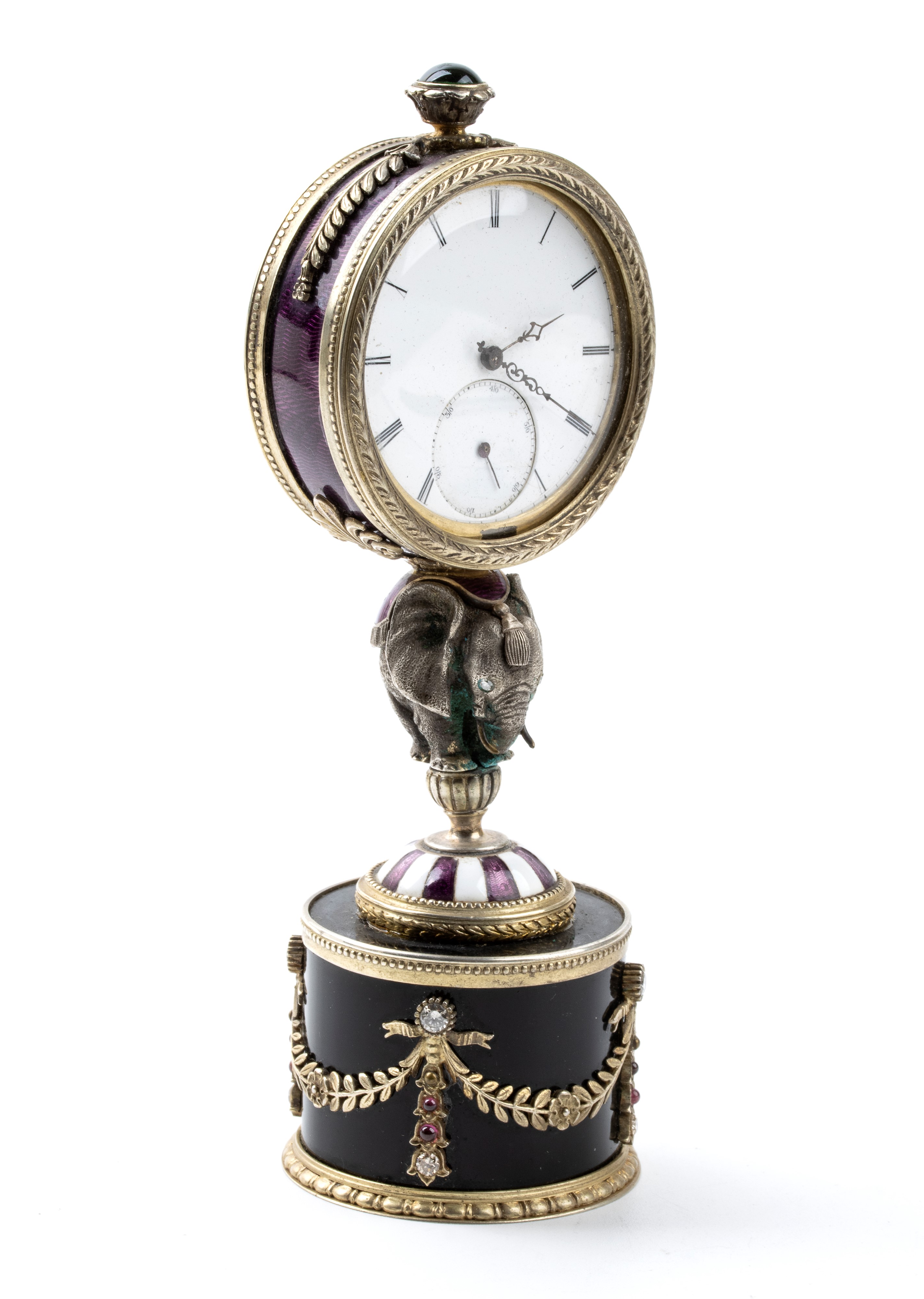 Orologio da tavolo in argento dorato e smalti