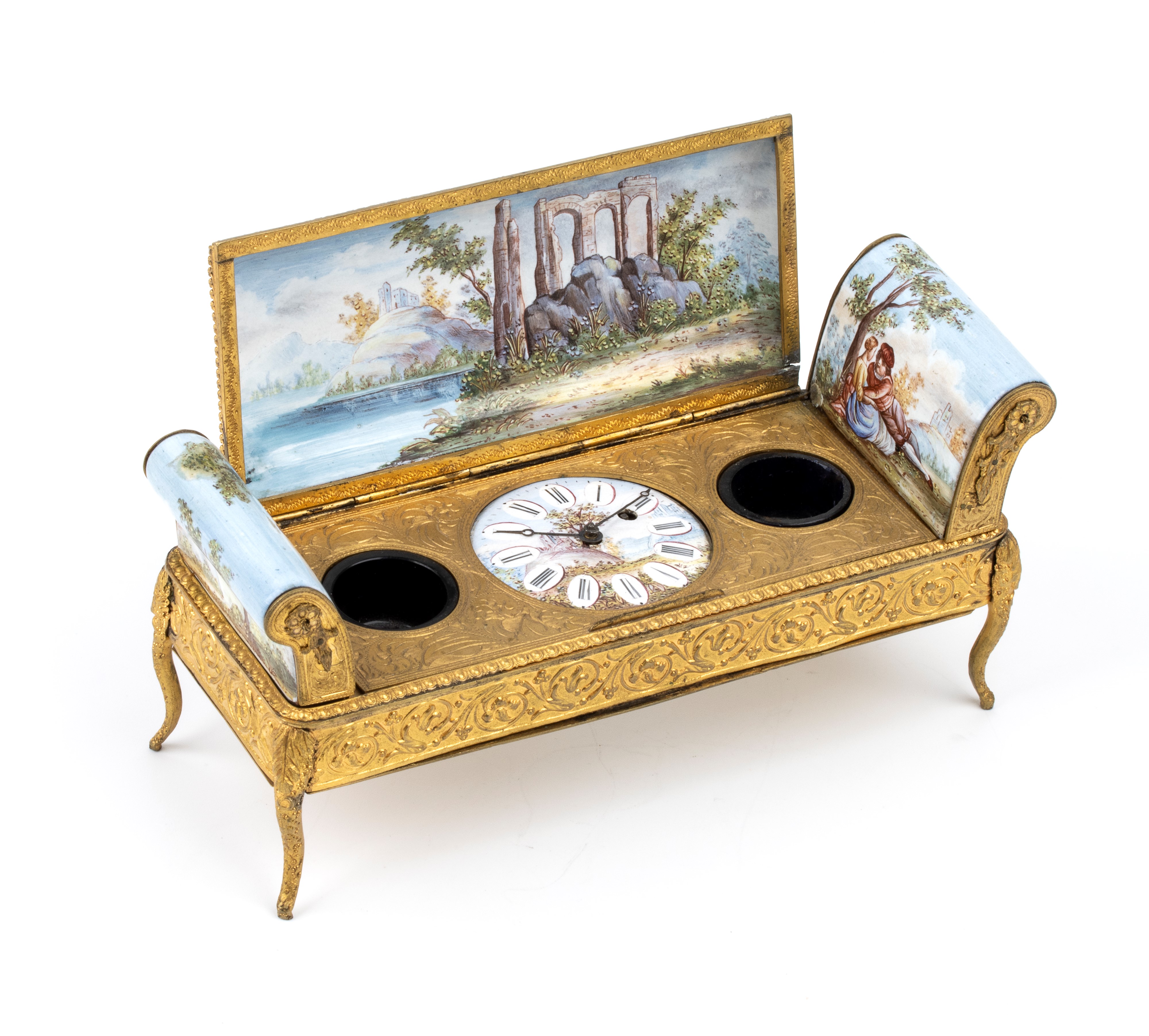 Orologio da tavolo con calamaio in smalti policromi