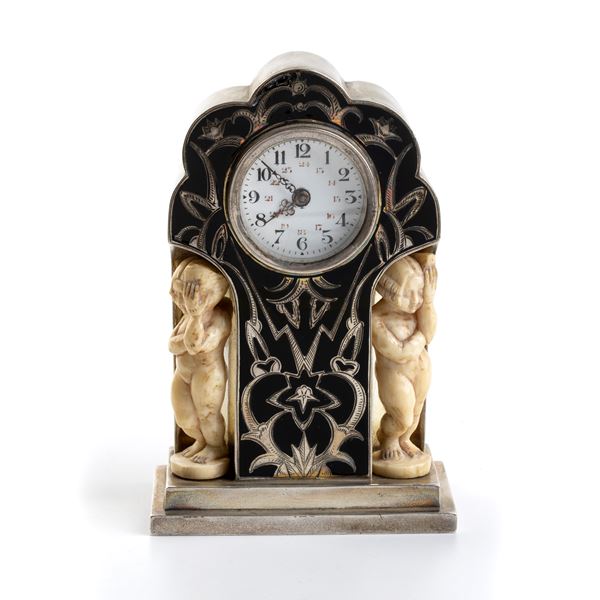 Art Déco silver, cloisonné enamel and ivory table clock