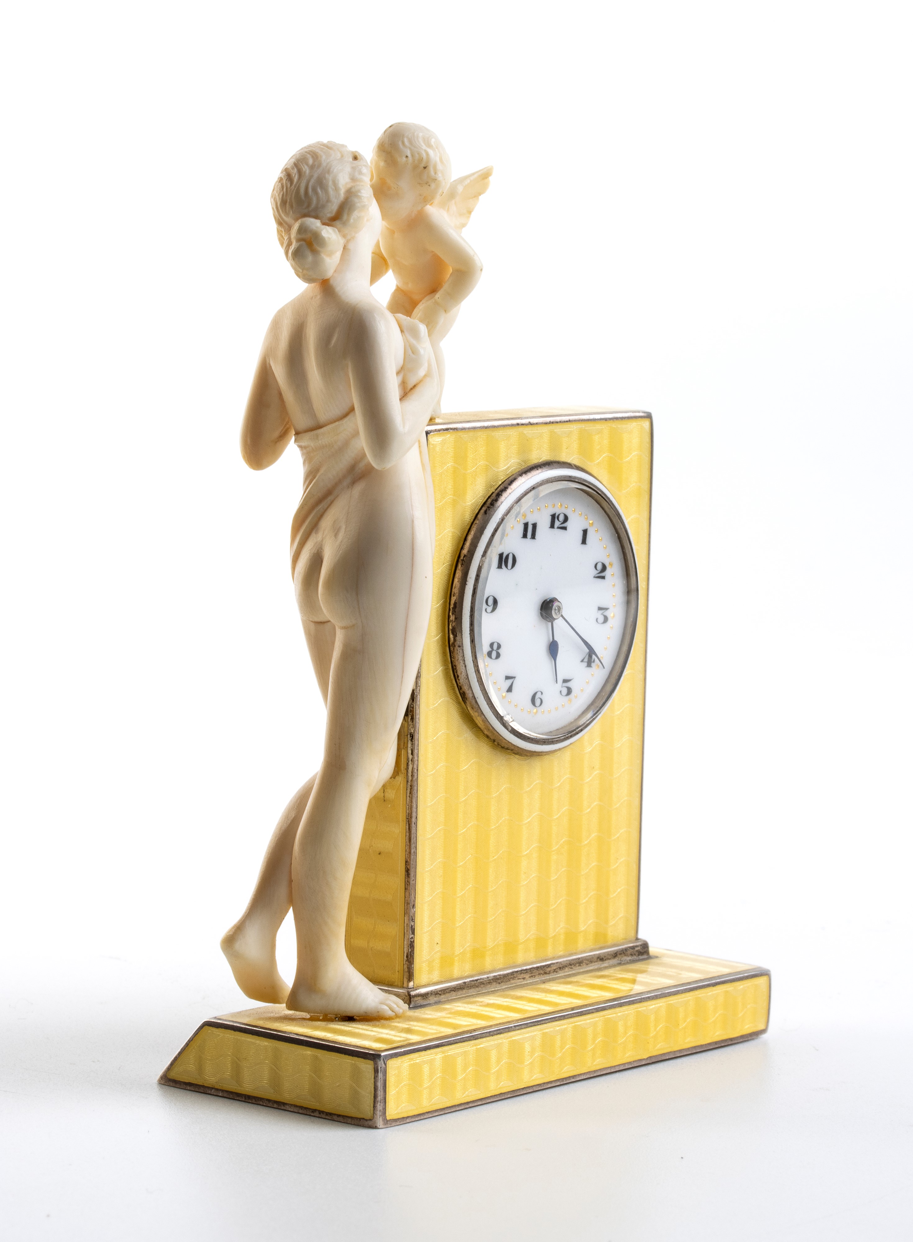 Orologio da tavolo Art Déco in argento, smalto guilloché e avorio