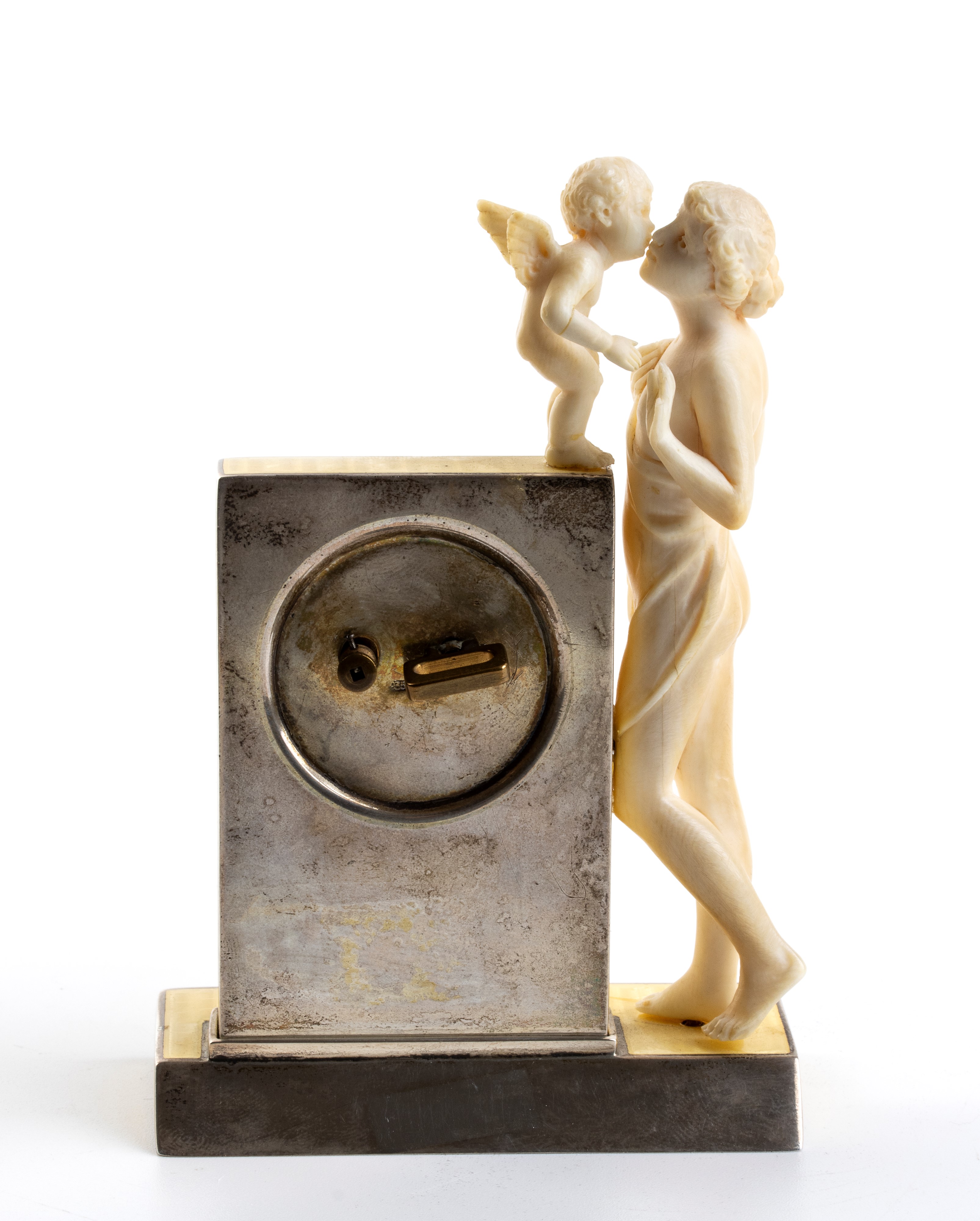 Orologio da tavolo Art Déco in argento, smalto guilloché e avorio