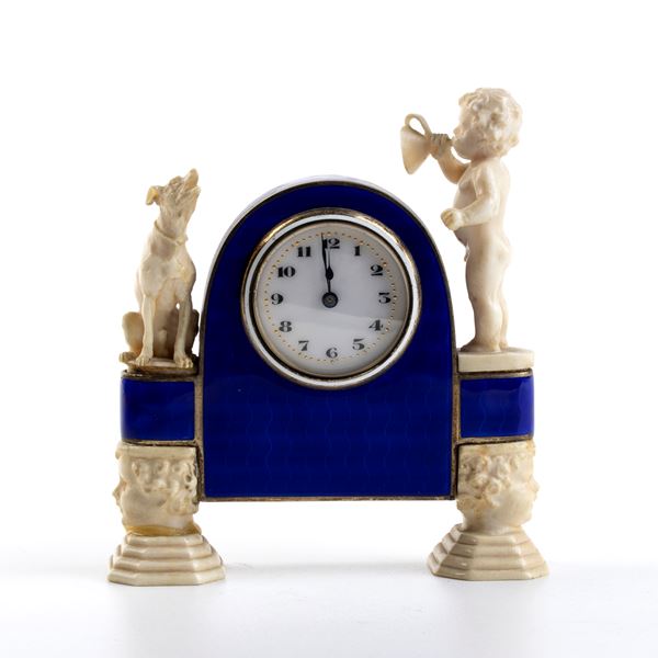 Art Déco silver, guilloché enamel and ivory  table clock