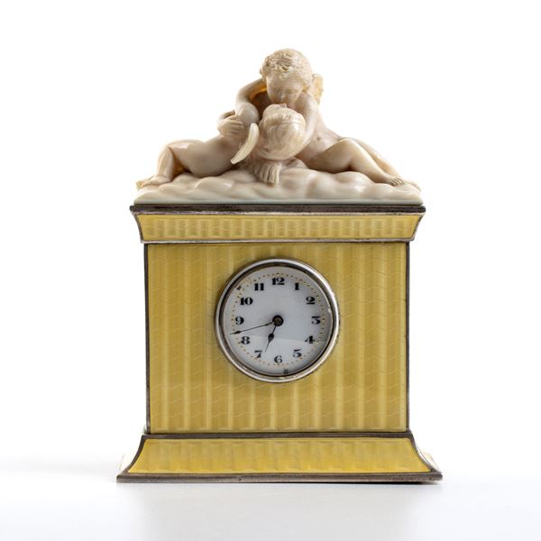 Art Déco silver, guilloché enamel and ivory  table clock