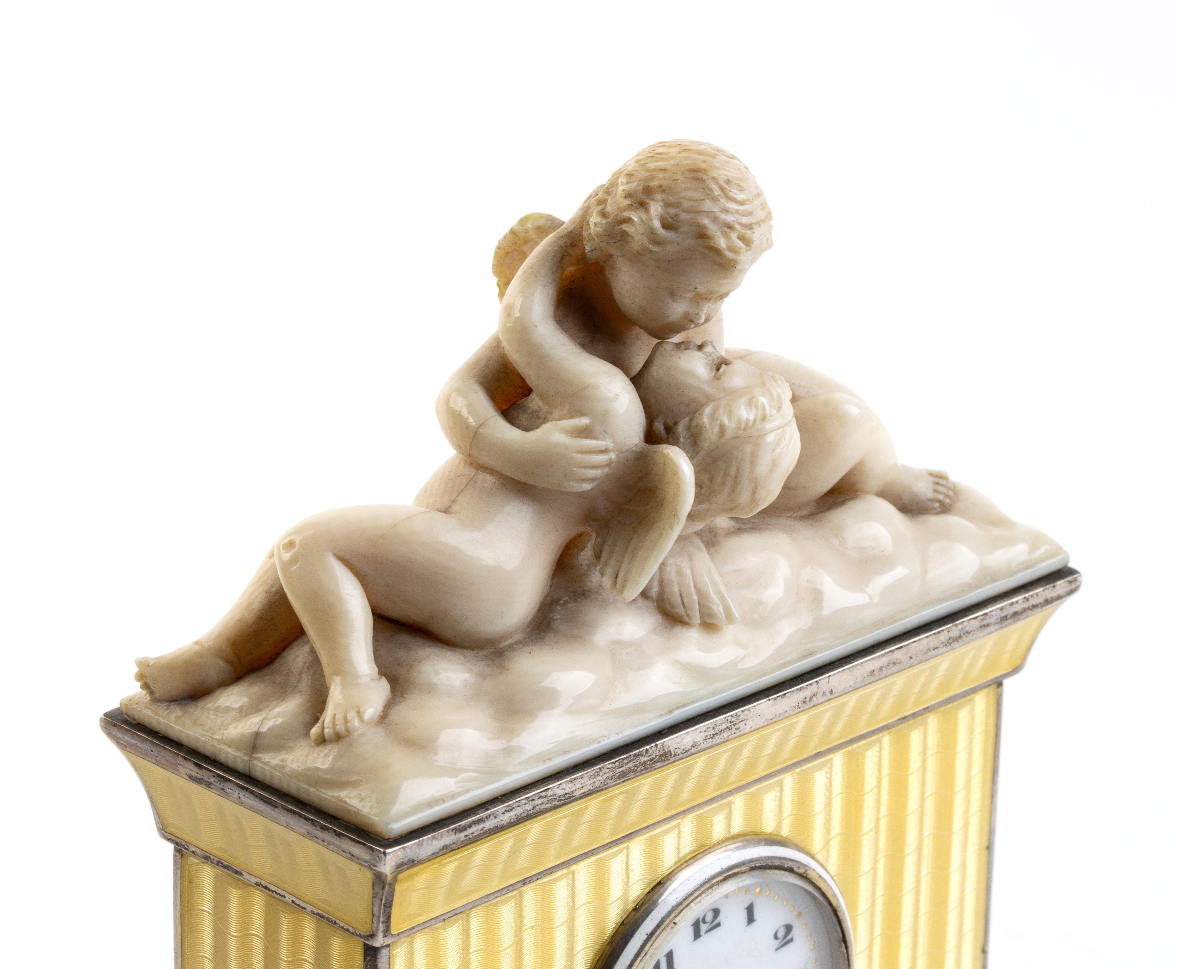 Orologio da tavolo Art Déco in argento, smalto guilloché e avorio