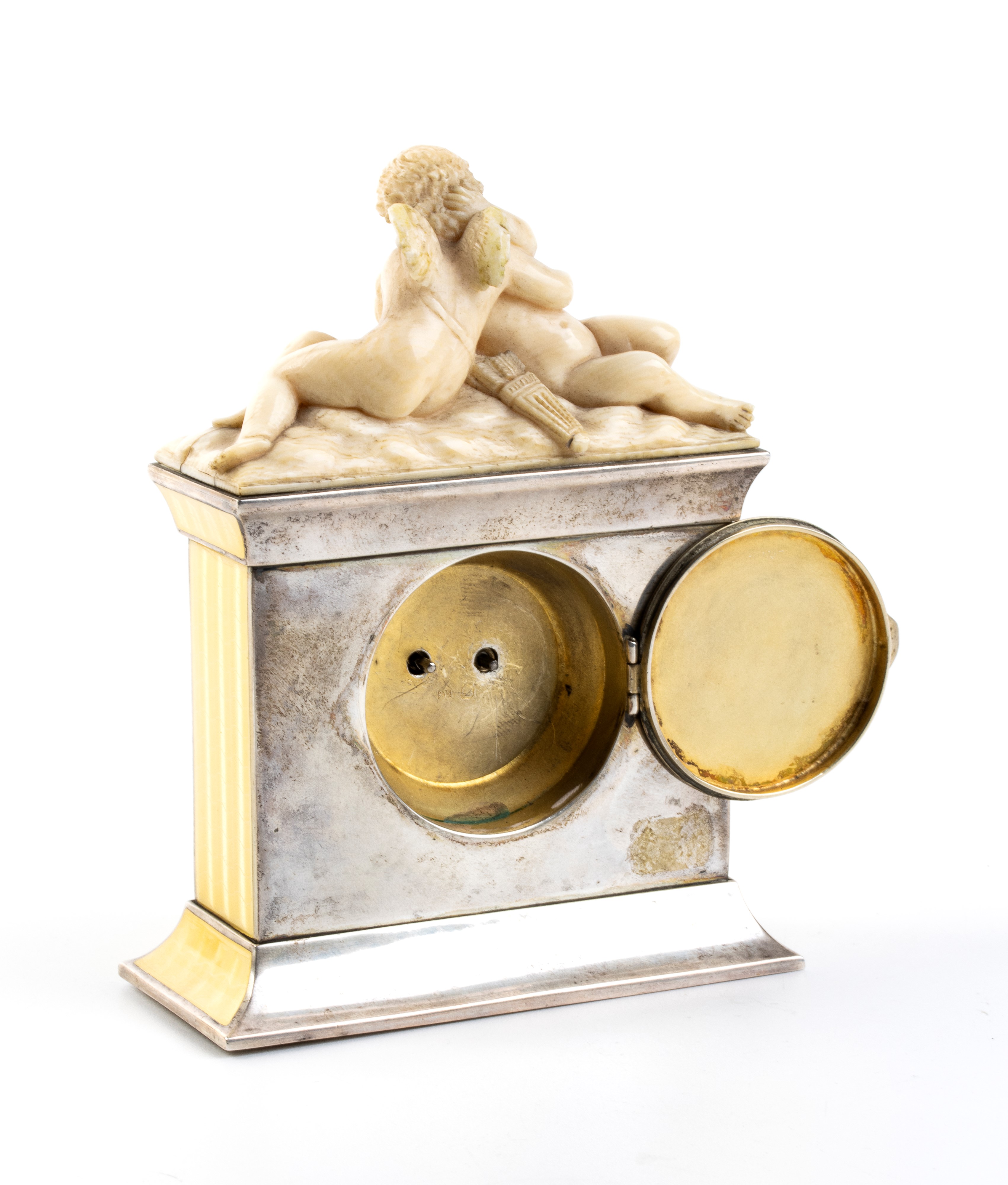 Orologio da tavolo Art Déco in argento, smalto guilloché e avorio