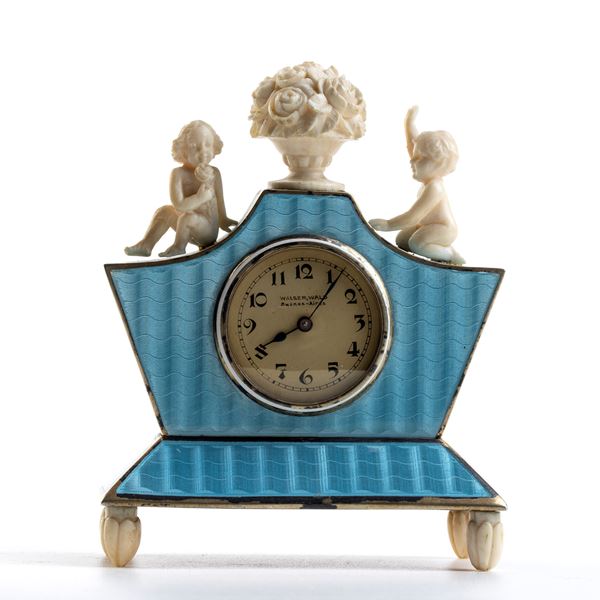 Walser, Wald y Cia - Art Déco silver, guilloché enamel and ivory  table clock