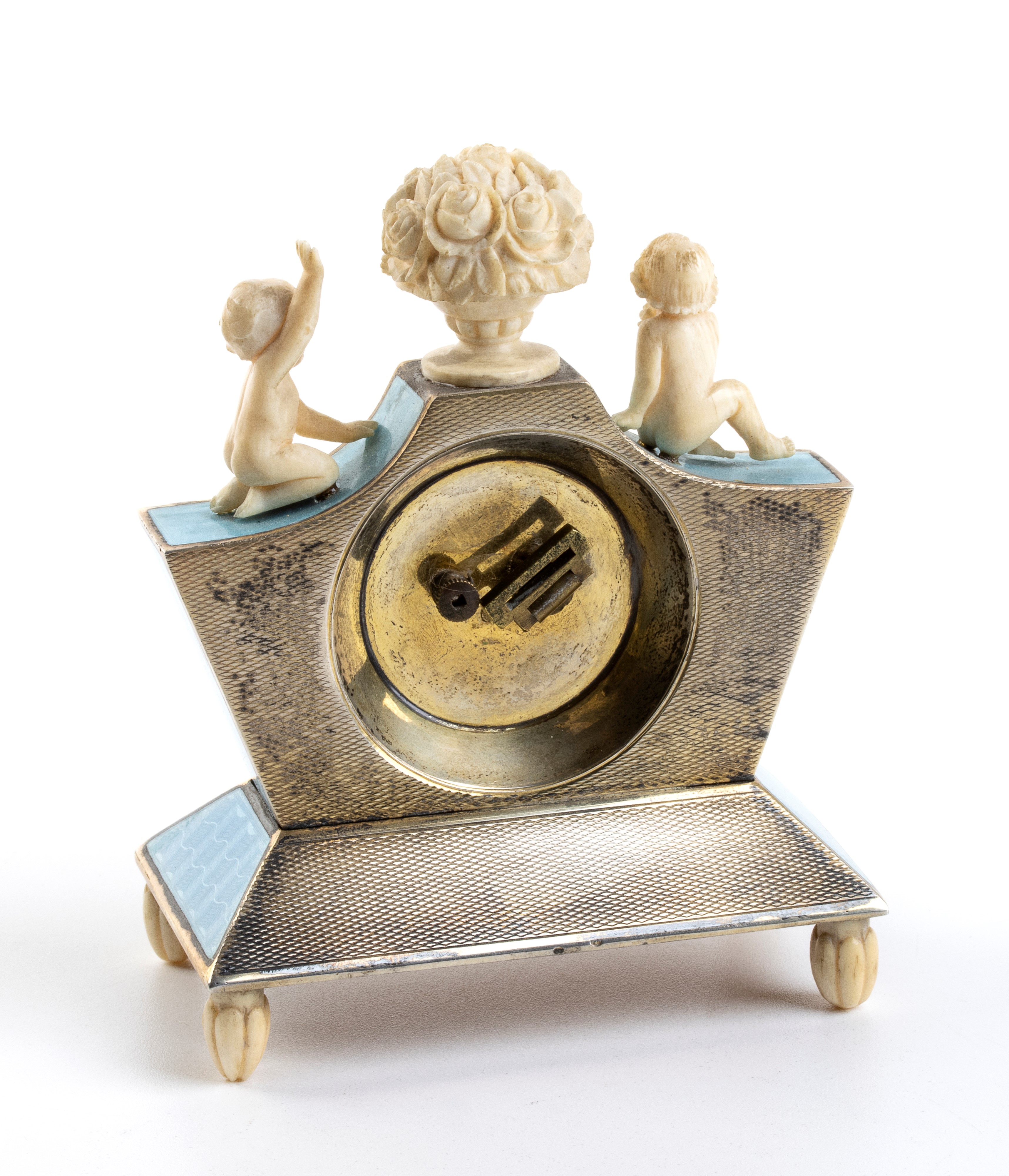 Orologio da tavolo Art Déco in argento, smalto guilloché e avorio