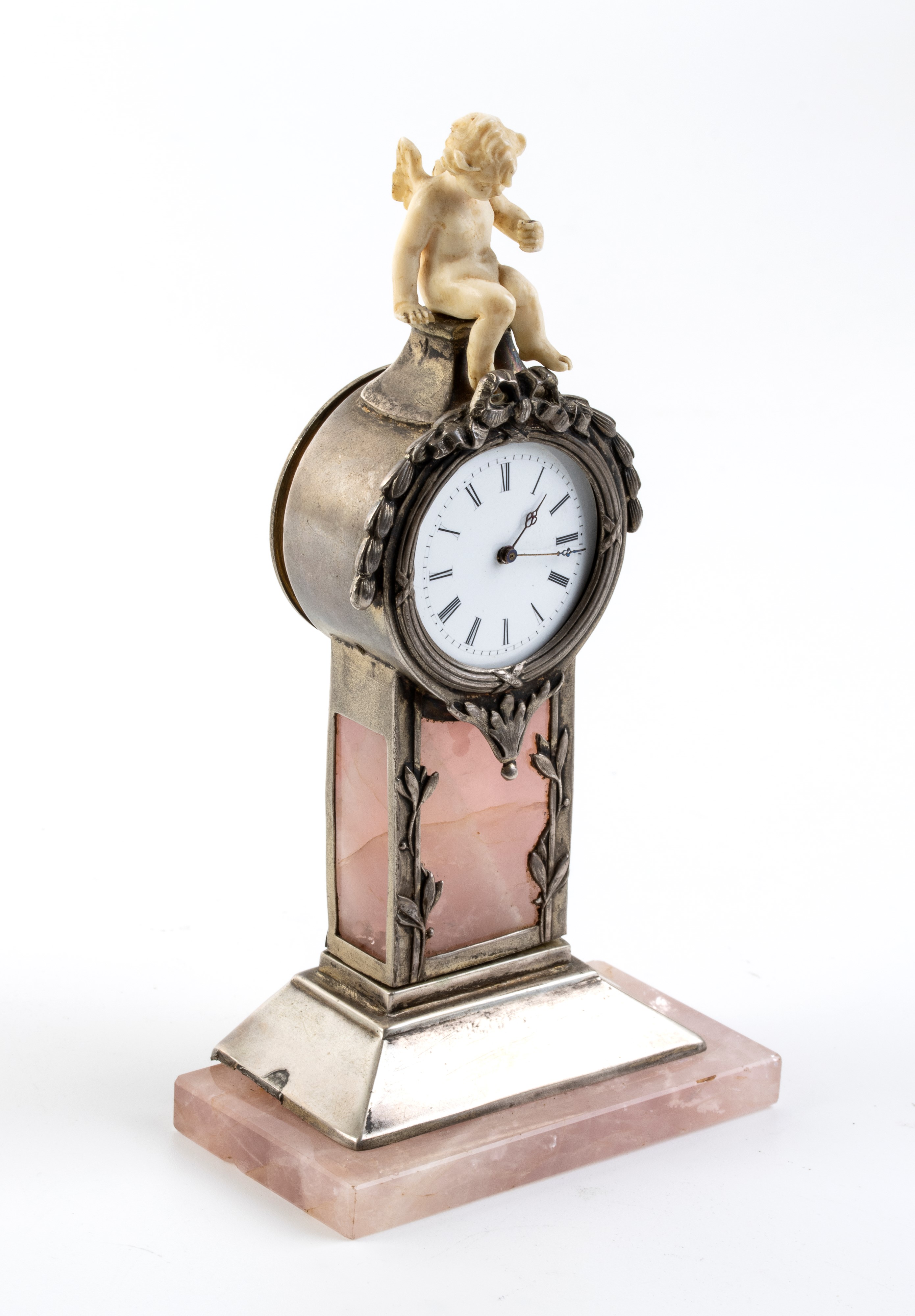 Orologio da tavolo in argento, quarzo rosa e avorio