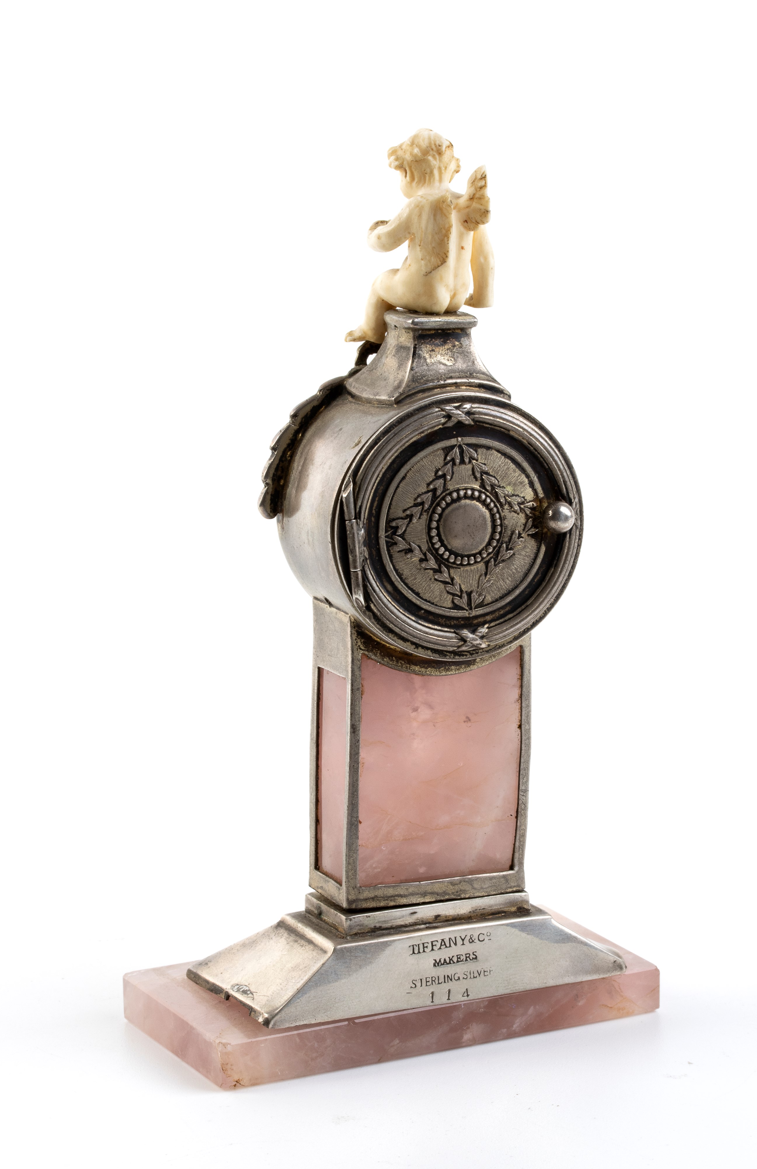 Orologio da tavolo in argento, quarzo rosa e avorio