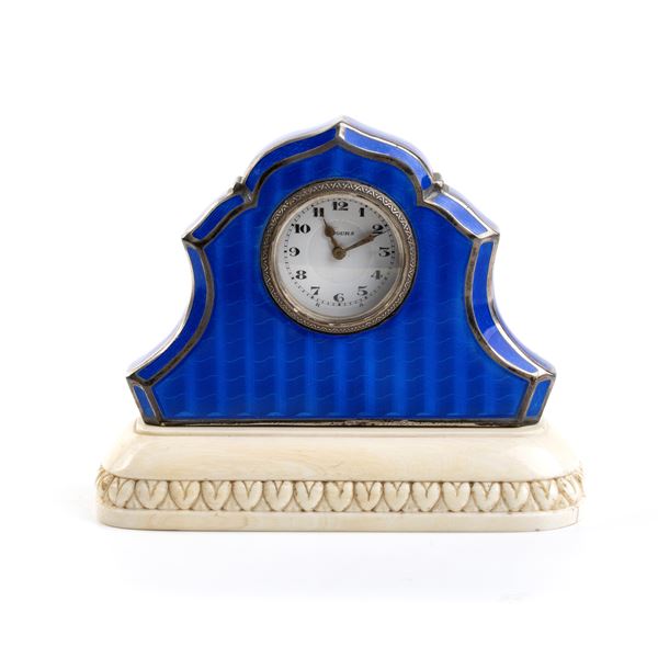 Art Déco silver, guilloché enamel and ivory  table clock