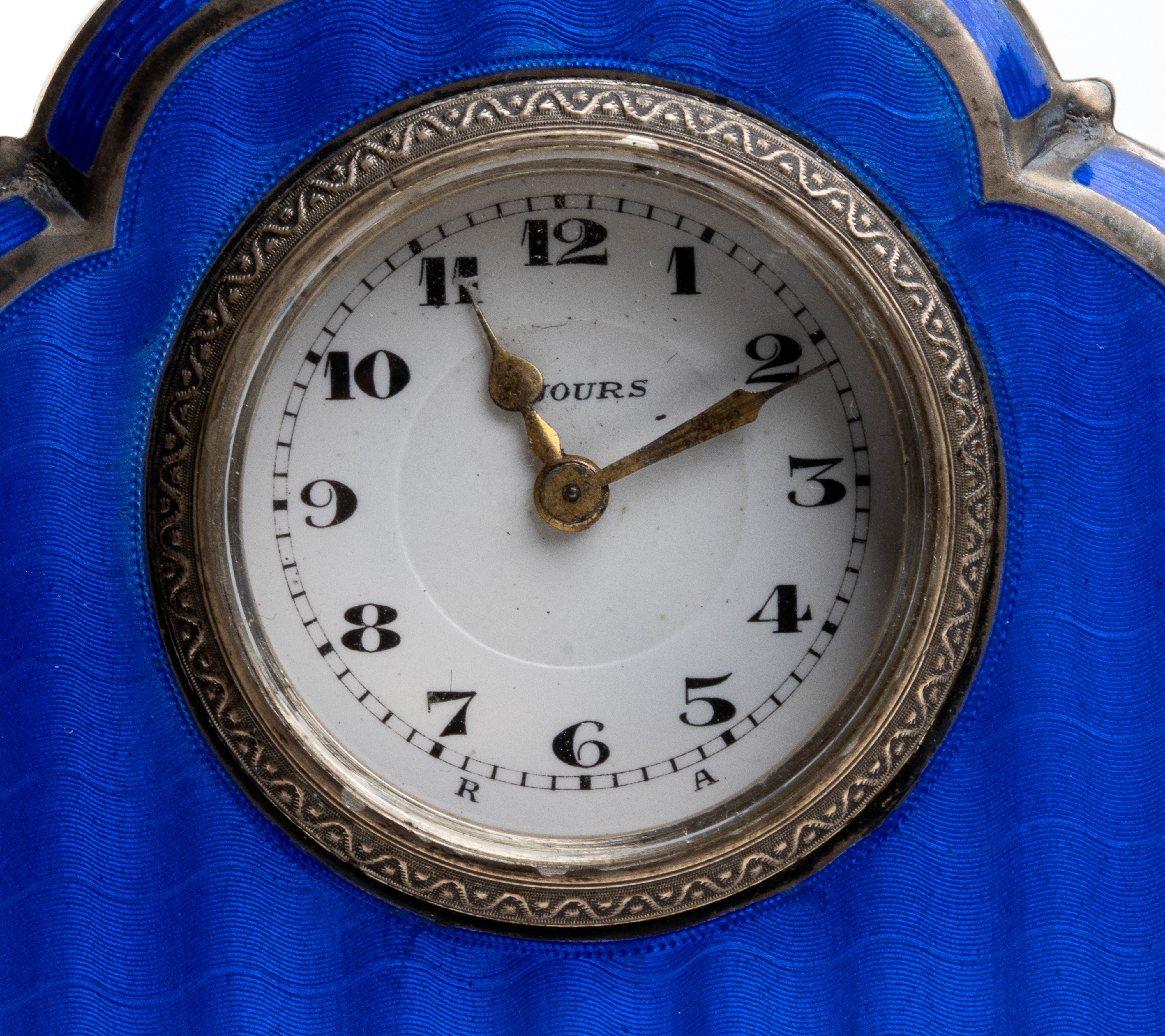 Orologio da tavolo Art Déco in argento, smalto guilloché e avorio