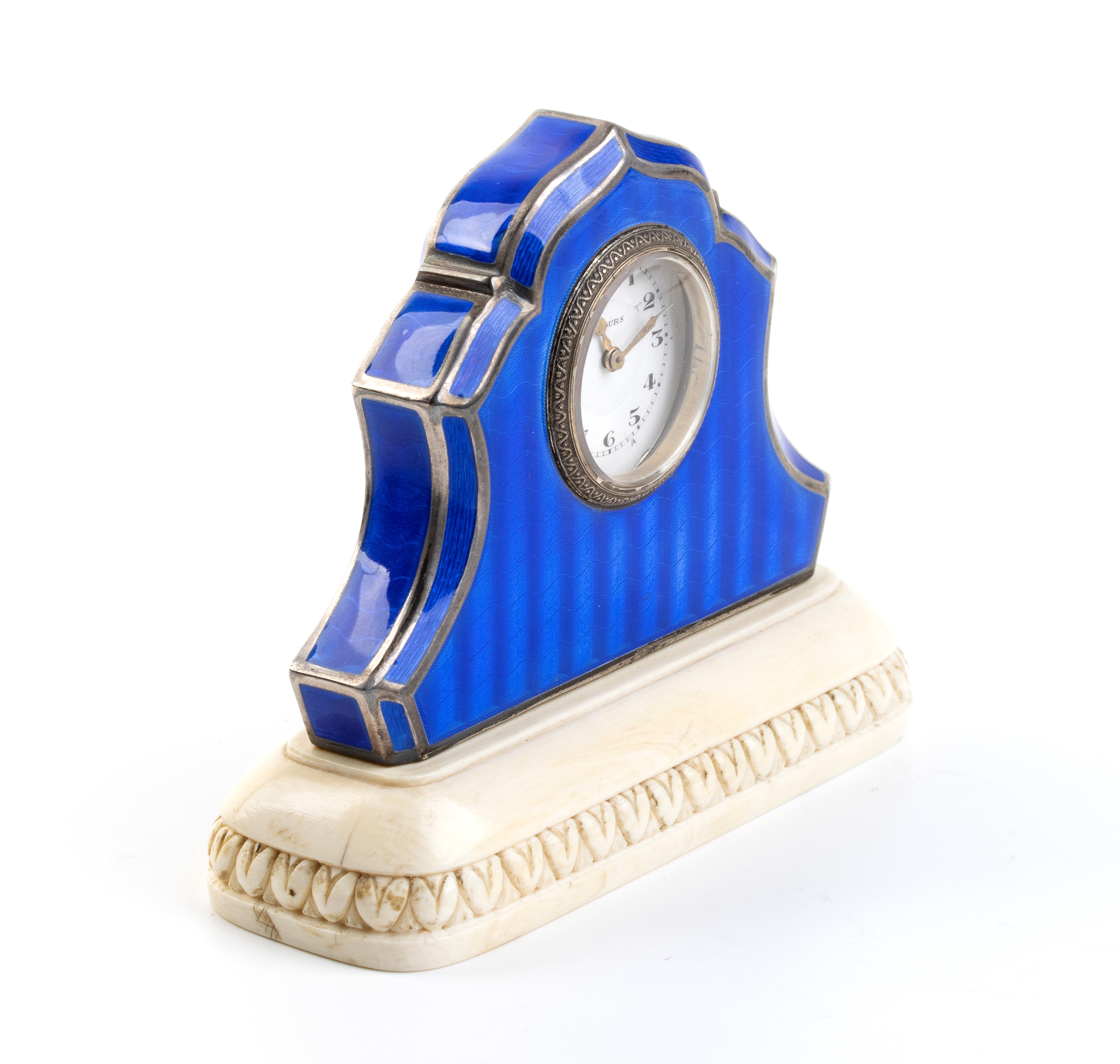 Orologio da tavolo Art Déco in argento, smalto guilloché e avorio