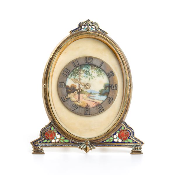 Art Déco table clock with polychrome enamels